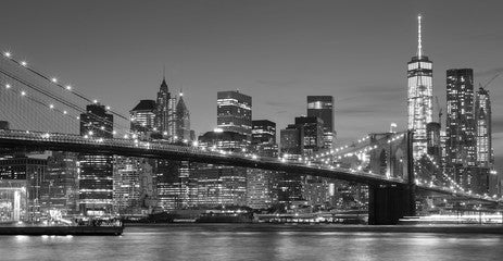 Black and white Manhattan waterfront at night, NYC.